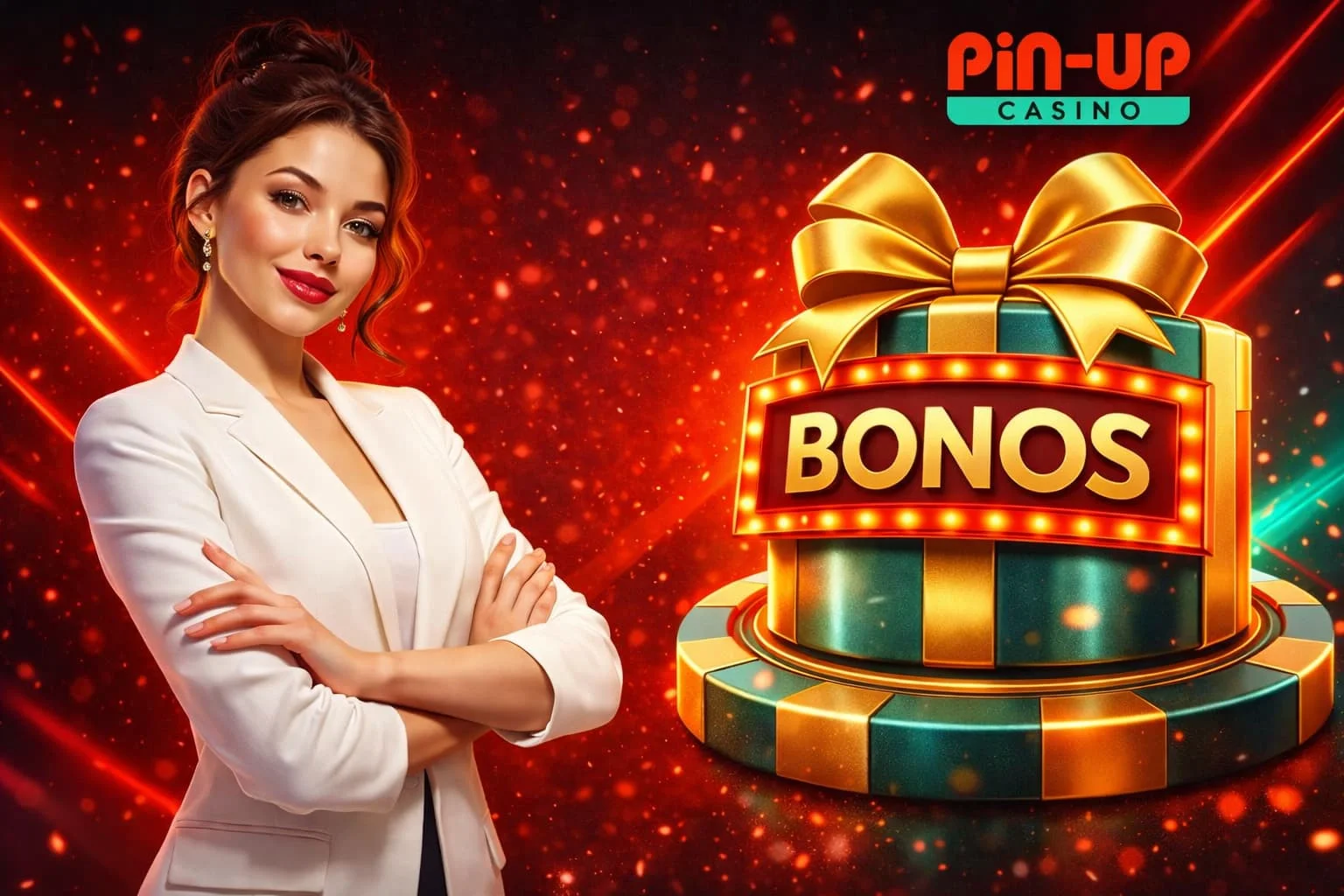 Mujer con traje blanco y bonos